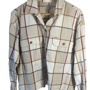 Brixton Bowery Cream/Tan‎ Block Plaid Straight Hem Long Sleeve Flannel Sh…